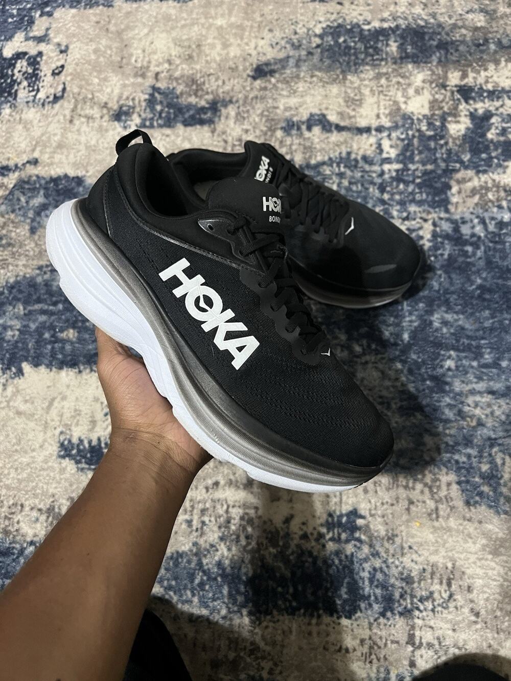 Size 12- Hoka One One Mens Bondi 8 Wide (2E) Black 1127953 BWHT Running Shoes